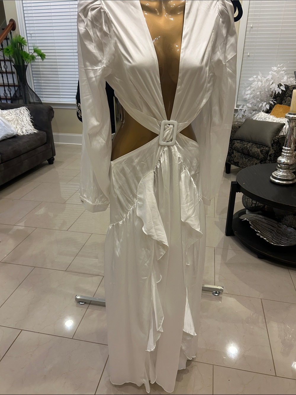 NWOT Satin White Cutout Robe Dress with Buckle Accent